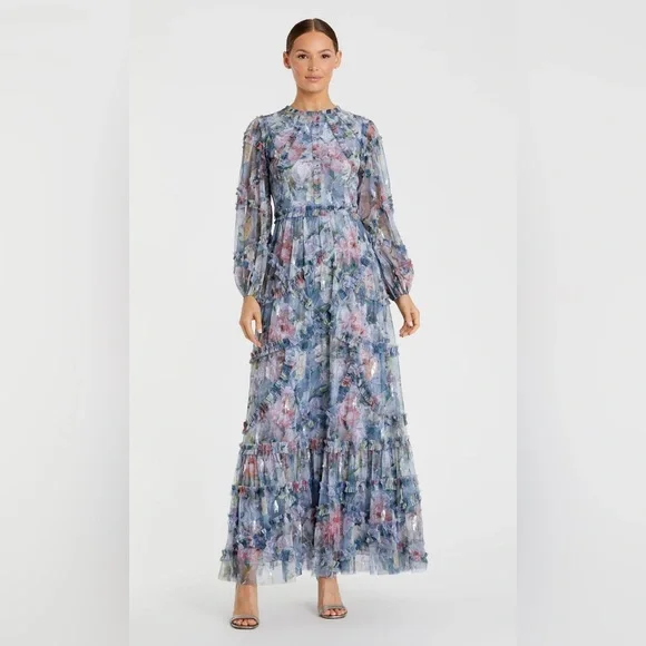 NWT 8098 Mac Duggal Long Sleeve High Neck Floral Ruffle Gown - Picture 3 of 10